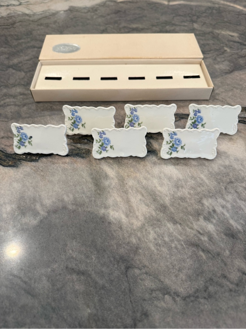 Vintage Porcelain Floral Place Card Holders - Blue Floral Set of 6